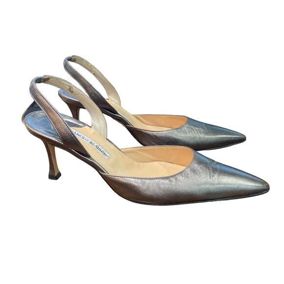 Manolo Blahnik Pewter Leather Carolyne 50 Pointed Toe Slingback Pumps Sz 41.5 - Picture 4 of 12